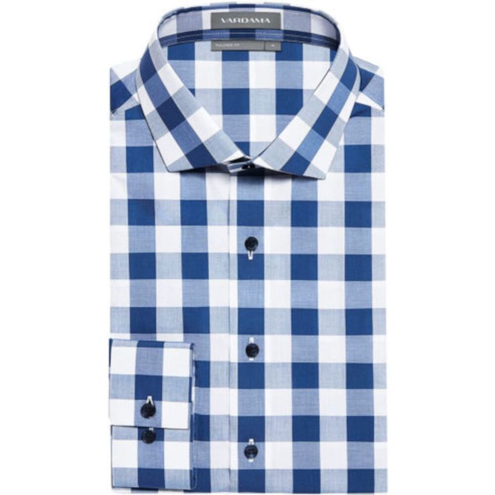 VARDAMA Mens Blue Check Long Sleeve Collared Button Down Shirt XL